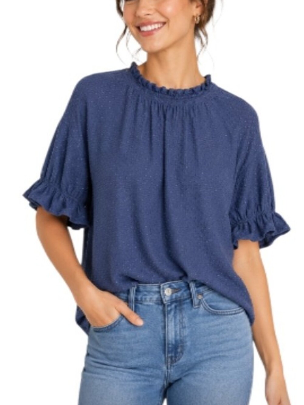 Madewell Texture & Thread Clip Dot Blue Ruffle Top-NWT